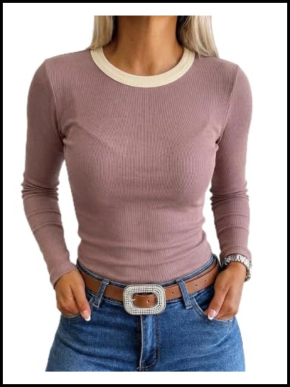 Ribbed Long Sleeve Contrast Crewneck Fitted Basic Tee